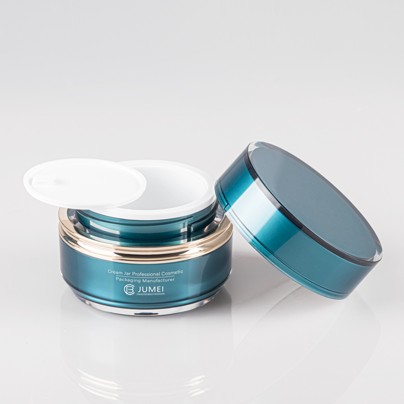 Popular Cosmetic Packaging Cylindrical Blue Acrylic Jar with Electroplating Golden Ring