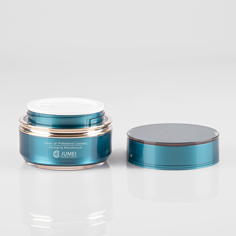 Popular Cosmetic Packaging Cylindrical Blue Acrylic Jar with Electroplating Golden Ring